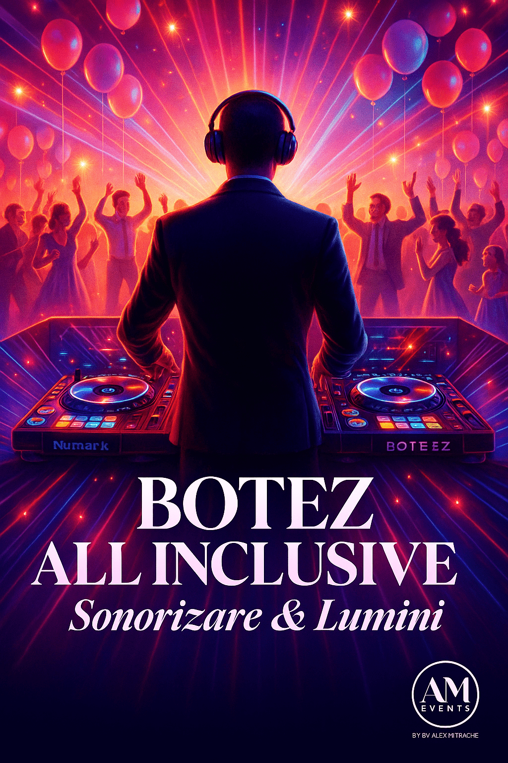 DJ Alex Mitrache – AM Events la pupitru, atmosferă elegantă de botez în București, lumini pastel mov-turcoaz și invitați dansând