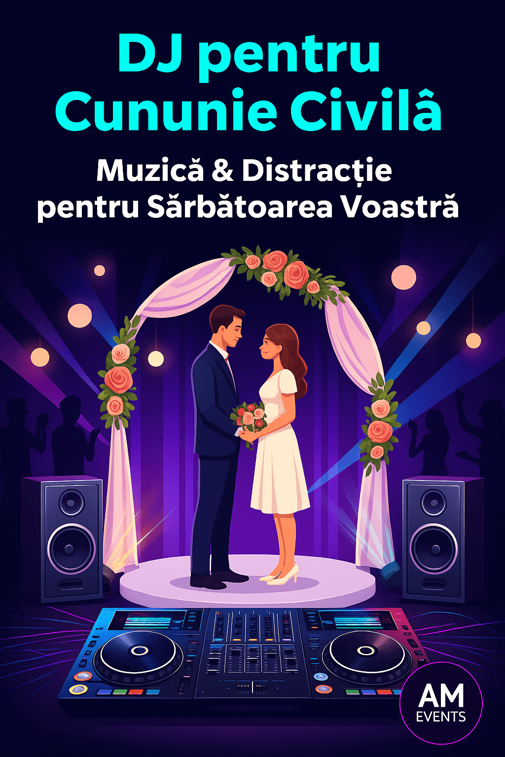 DJ pentru cununie civilă în București și Ilfov – pupitru elegant în grădină, miri în ținute moderne și atmosferă festivă cu lumini pastel