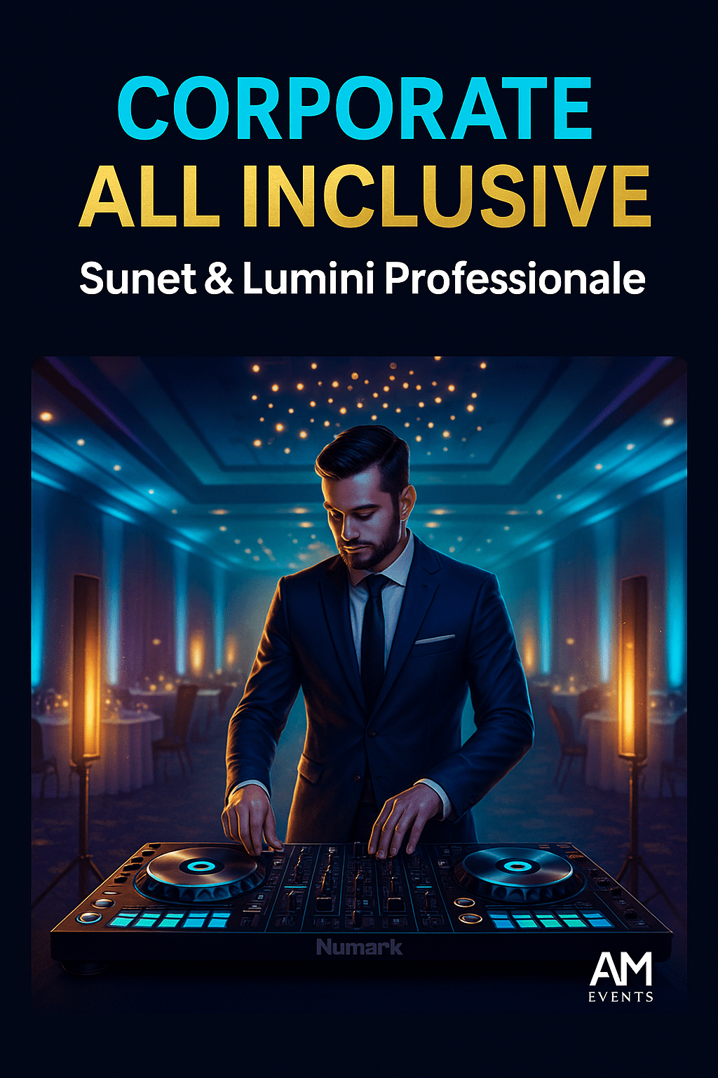 DJ pentru evenimente corporate în București și Ilfov – pupitru iluminat mov-turcoaz, sală modernă și atmosferă premium AM Events