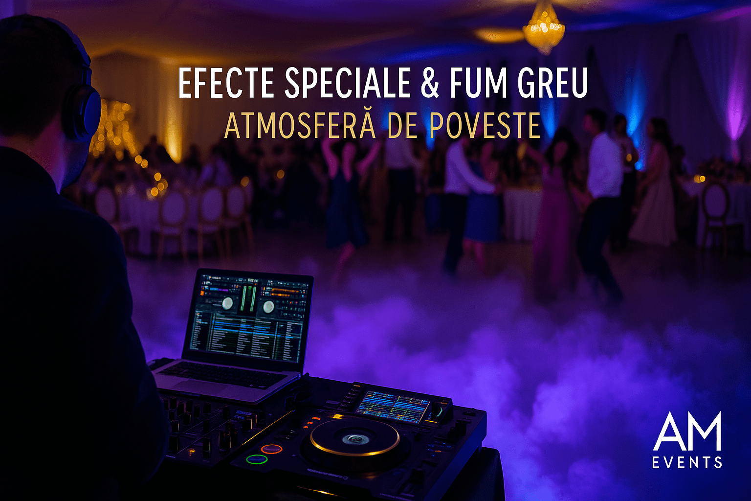 DJ Alex Mitrache la pupitru în timpul unui eveniment AM Events, cu efecte speciale, fum greu, lumini colorate și momente din nuntă, cununie, botez și petrecere corporate.