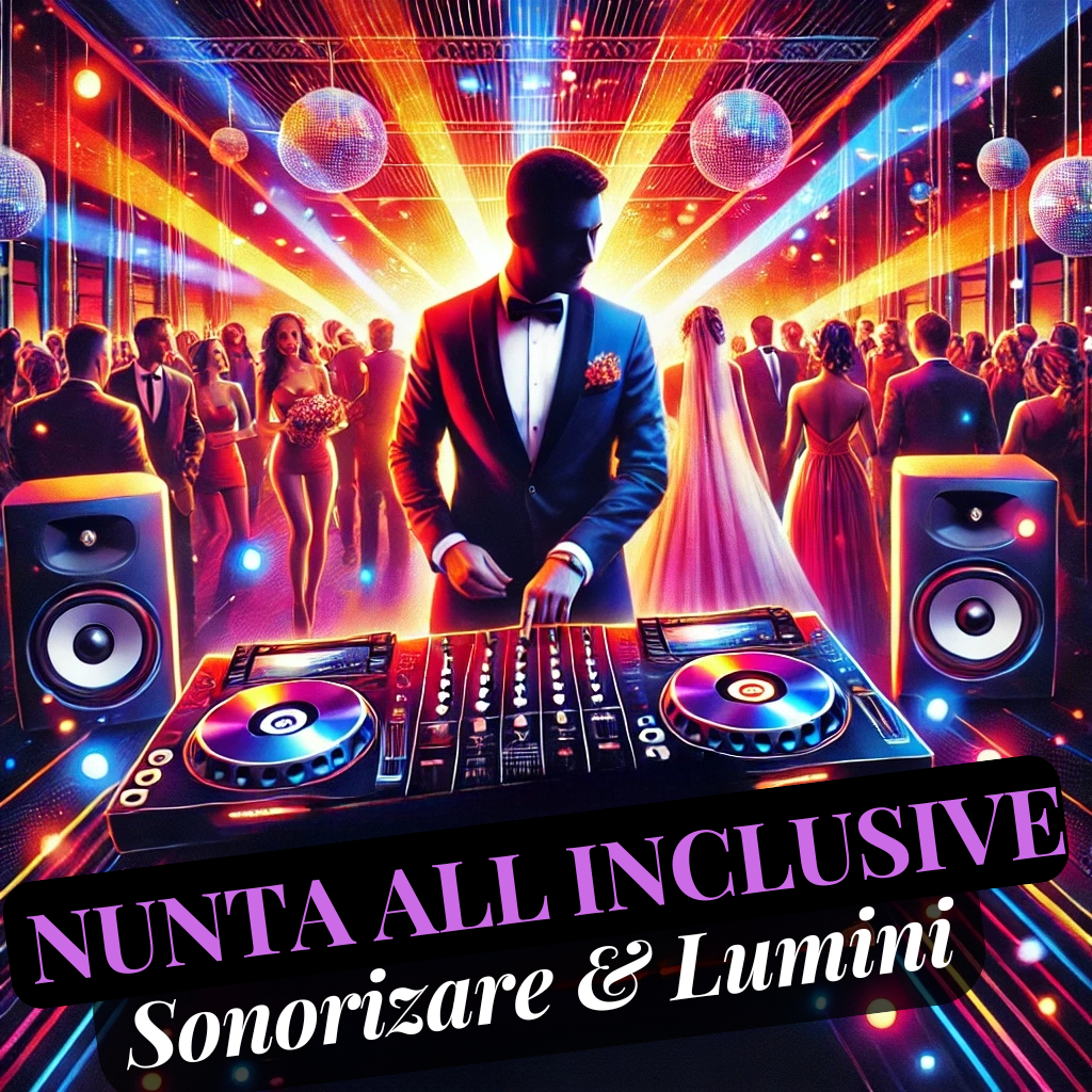 DJ profesionist la nuntă cu lumini dinamice și sistem complet de sonorizare