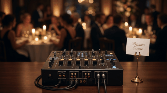 Consolă Pioneer DJ într-un cadru elegant, cu fundal blurat, reprezentând confidențialitatea și respectul pentru invitați la evenimentele AM Events.