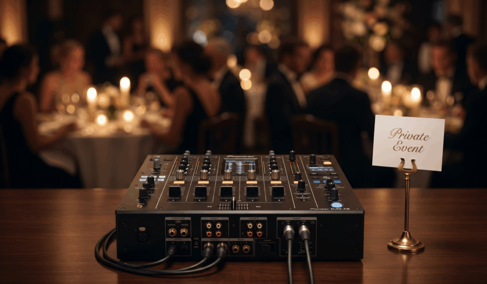 Consolă Pioneer DJ într-un cadru elegant, cu fundal blurat, reprezentând confidențialitatea și respectul pentru invitați la evenimentele AM Events.