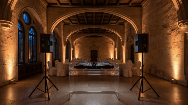 Setup tehnic premium pentru o nuntă la conac în 2026, cu echipament DJ minimalist integrat perfect în decorul istoric.