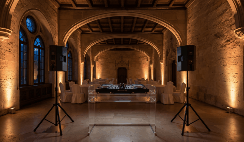 Setup tehnic premium pentru o nuntă la conac în 2026, cu echipament DJ minimalist integrat perfect în decorul istoric.
