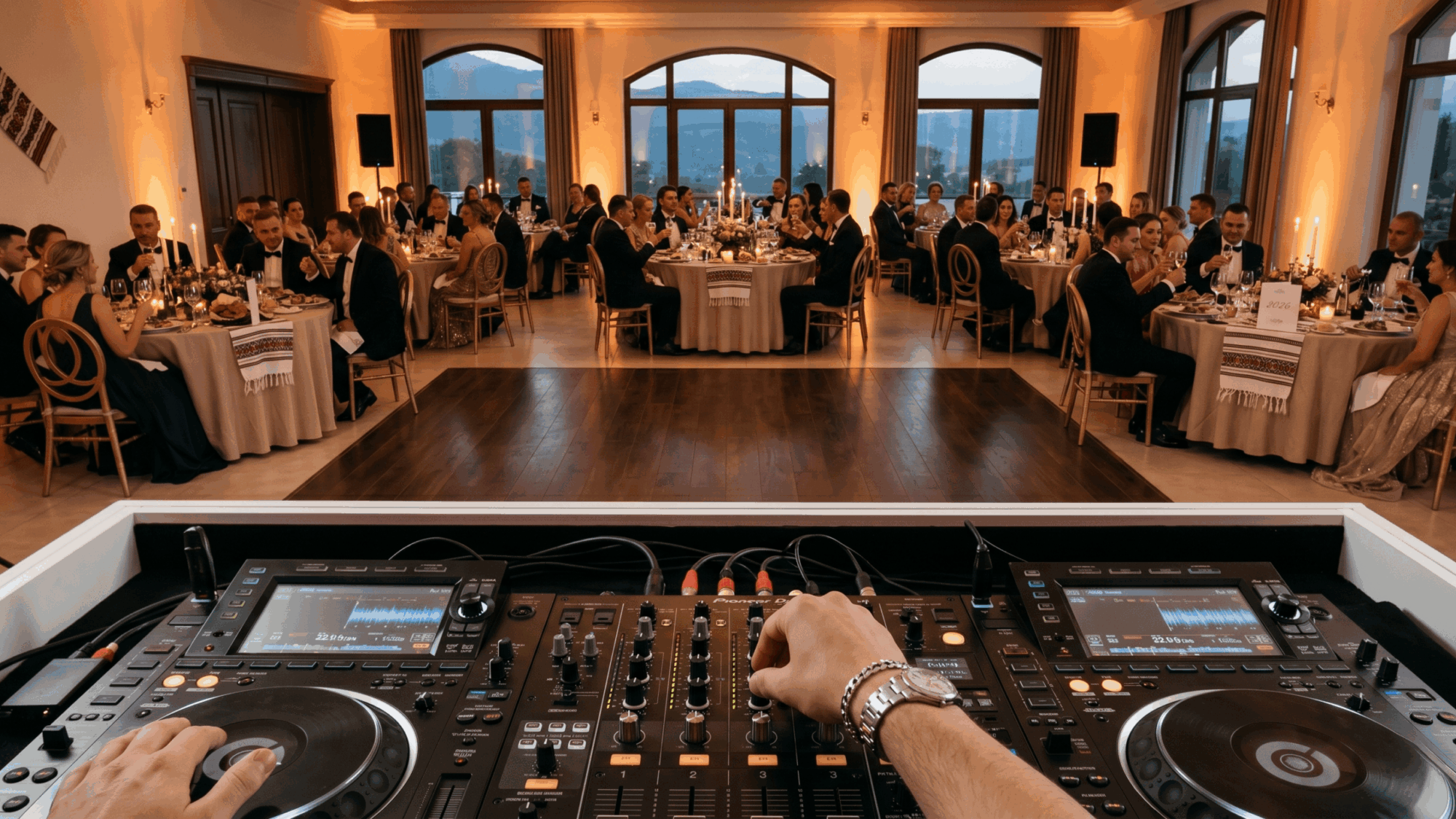 Perspectiva unui DJ la o nuntă în timpul cinei, demonstrând dinamica reală a unui eveniment unde muzica se adaptează momentului, nu doar ringului de dans.