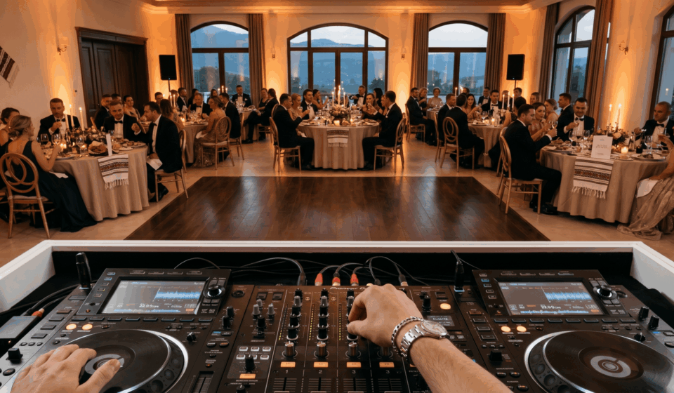 Perspectiva unui DJ la o nuntă în timpul cinei, demonstrând dinamica reală a unui eveniment unde muzica se adaptează momentului, nu doar ringului de dans.